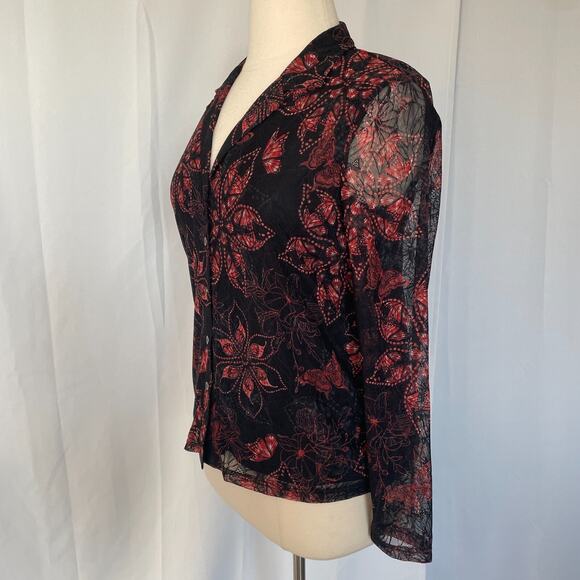 Y2K Top Womens Size Large Black Red Floral Mesh Fairy Grunge Whimsigoth Button - Picture 5 of 11